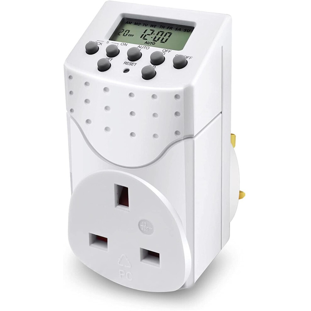 White programmable digital timer with an LCD display, multiple buttons for settings, and three-prong plug for easy electrical connection.