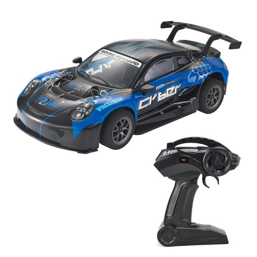 Blue and black 1:8 scale Extreme Challenger remote control car featuring a sleek design, sporty decals, and a matching black remote control with ergonomic grip.