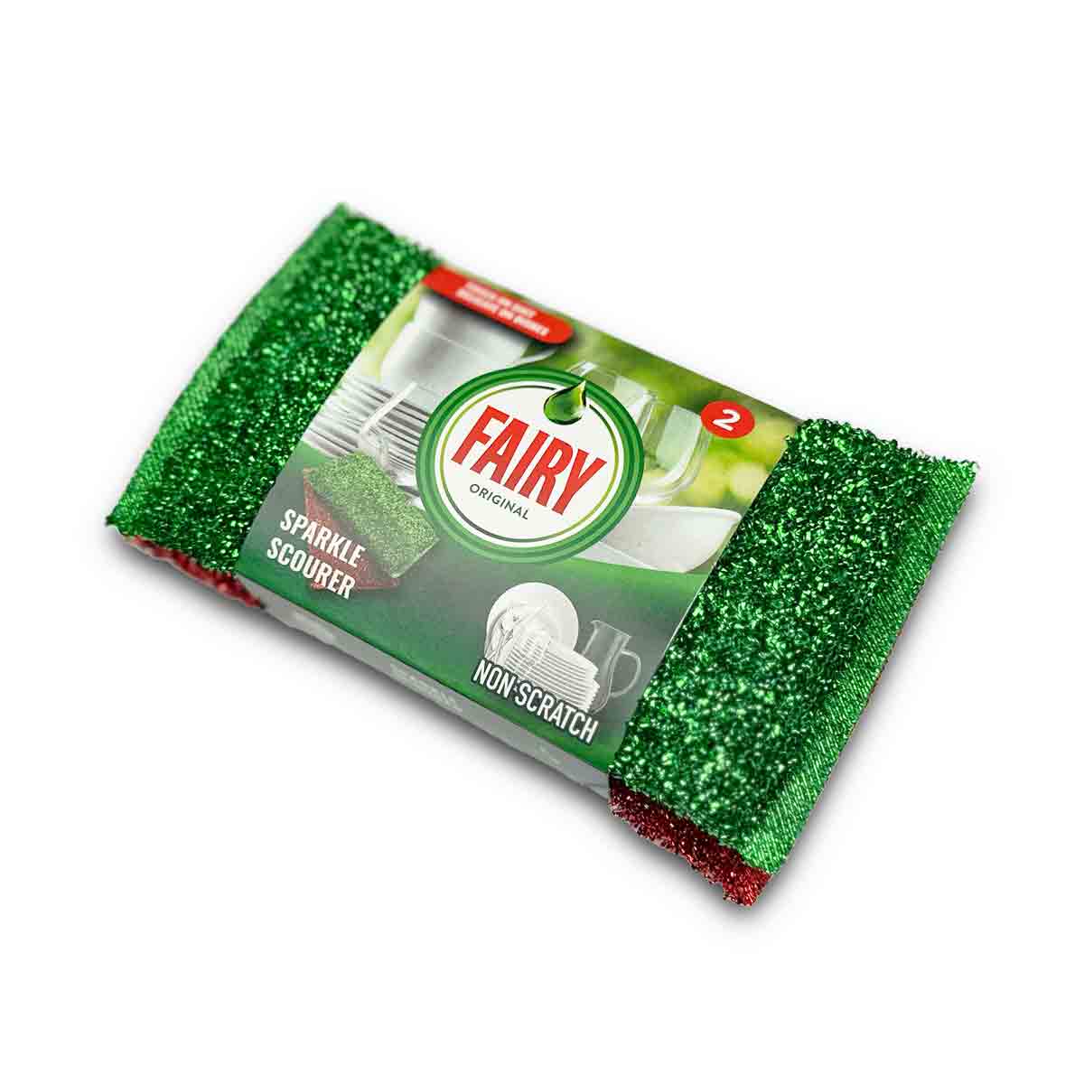 Green and red Addis Fairy Sparkle Scourers with a shiny, glittery texture, packaged with a label indicating "non-scratch" and "sparkle scourer" features.