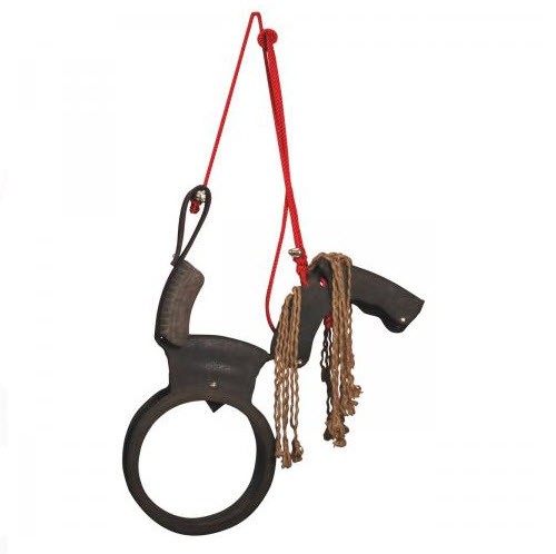 KG10 Rubber Horse tire swing features a black rubber tire shaped like a horse, with a red rope for hanging and a rope mane, designed for outdoor play.