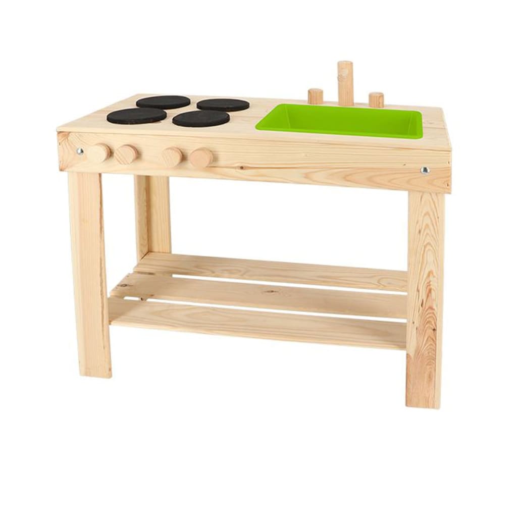 Wooden mud kitchen in natural finish with four black circular burners, a green sink, and three wooden knobs, featuring a lower shelf for storage.