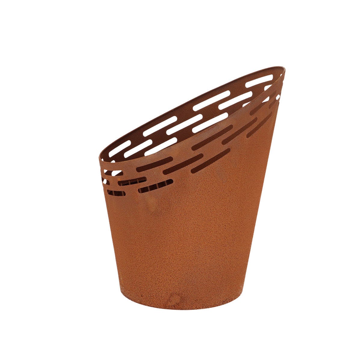 Rust-colored metal fire bucket with a slanted design and lasercut stripes, showcasing a modern, decorative style for outdoor use.