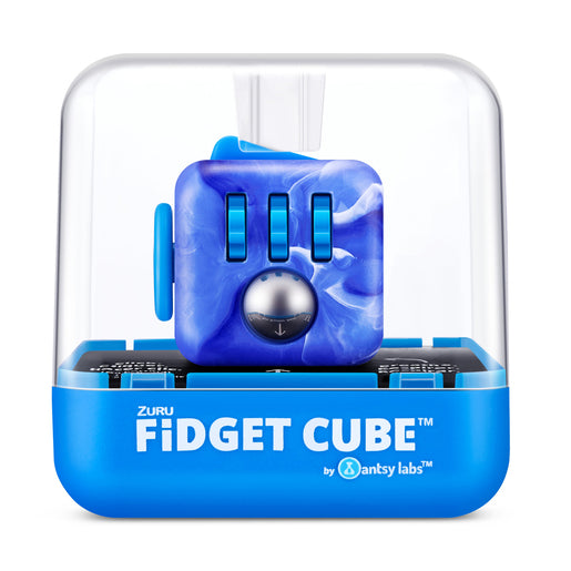 A blue and white marbled Fidget Cube with various tactile buttons and switches, housed in a clear plastic display case with a blue base.
