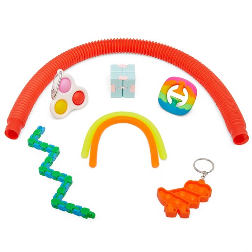 Colorful fidget toy box featuring a red flexible tube, a rainbow spinner, a pastel cube, neon stretchy bands, a green zigzag toy, and an orange dinosaur keychain.