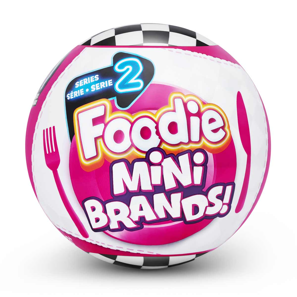 Round capsule featuring vibrant pink and white design with "Foodie Mini Brands!" text, accented by a checkered black and white border, indicating it's a mystery toy collection.