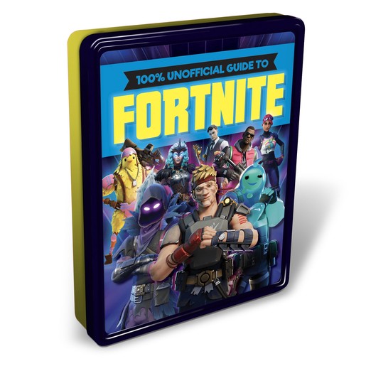 A colorful tin featuring the title "100% Unofficial Guide to Fortnite," showcasing various Fortnite characters against a blue background.