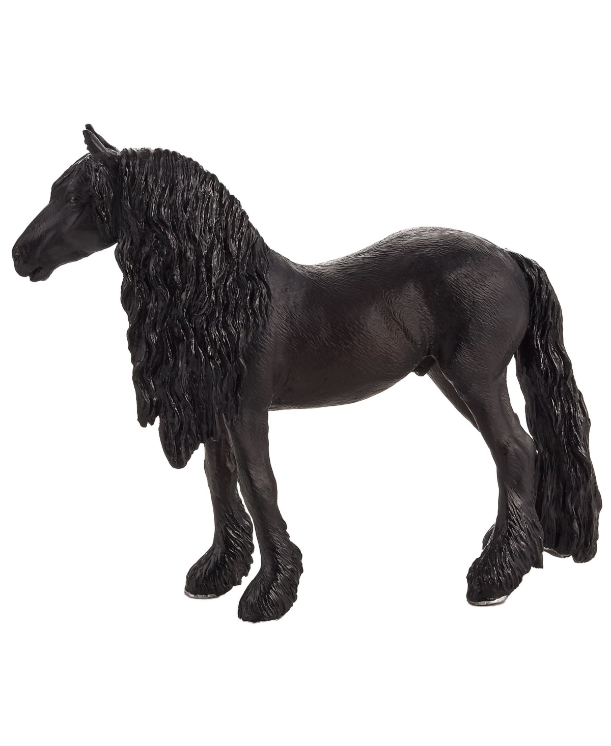 Black Friesian gelding toy figure with detailed flowing mane and tail, made of durable plastic, showcasing realistic texture and posture.