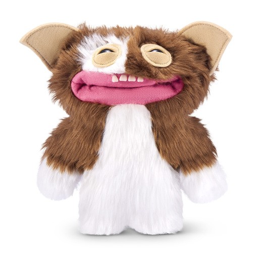 Fuggler Gremlins Gizmo soft toy featuring a fluffy brown and white body, large ears, a pink mouth with exposed teeth, and wide eyes, made from soft plush material.