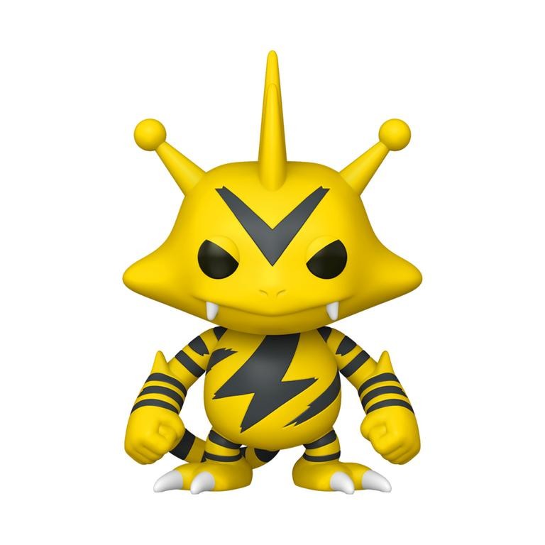 Vinyl Electabuzz figure featuring bright yellow body, black stripes, pointed ears, and sharp teeth, with a prominent lightning bolt design on its chest.