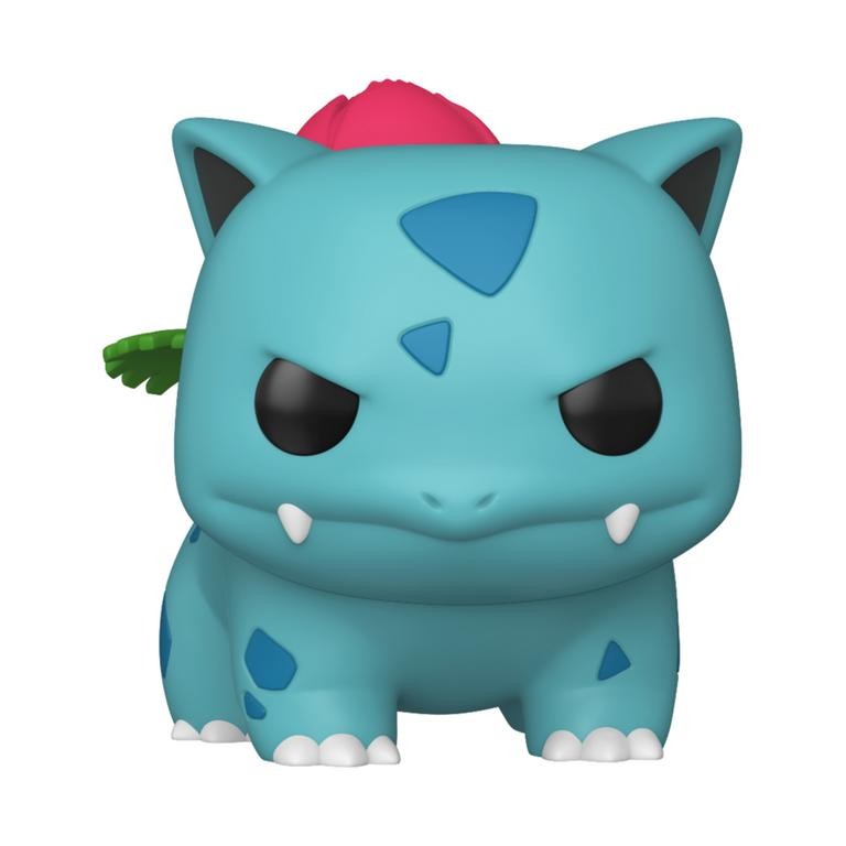 Vinyl figure of Ivysaur, featuring a turquoise body, dark blue spots, a red flower on its back, and an expression with angry eyes and prominent fangs.
