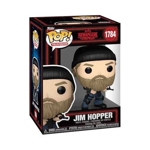 Jim Hopper Funko POP Vinyl figure from Stranger Things, featuring a bearded character in a black beanie, holding a flashlight, with a blue shirt and black pants, in a colorful box.