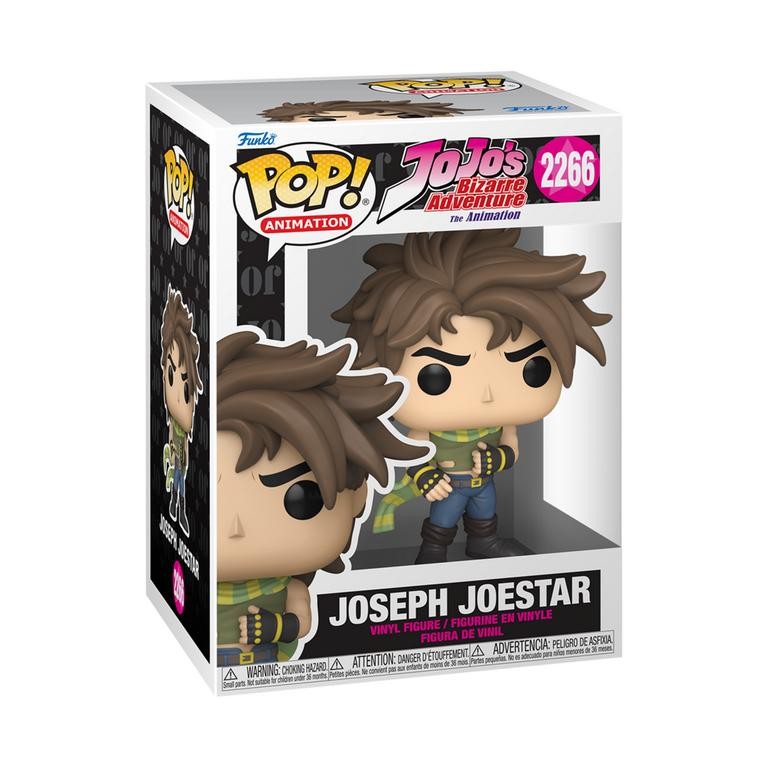 Vinyl figure of Joseph Joestar from JoJo's Bizarre Adventure, featuring brown hair, a green and black checkered shirt, and standing in a box with a clear front.