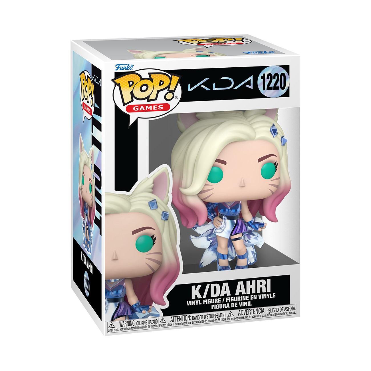 K/DA Ahri Funko POP! figure features vibrant blue and pink hair, a stylish outfit with sparkly accents, and large cat ears, packaged in a colorful box with a clear front.