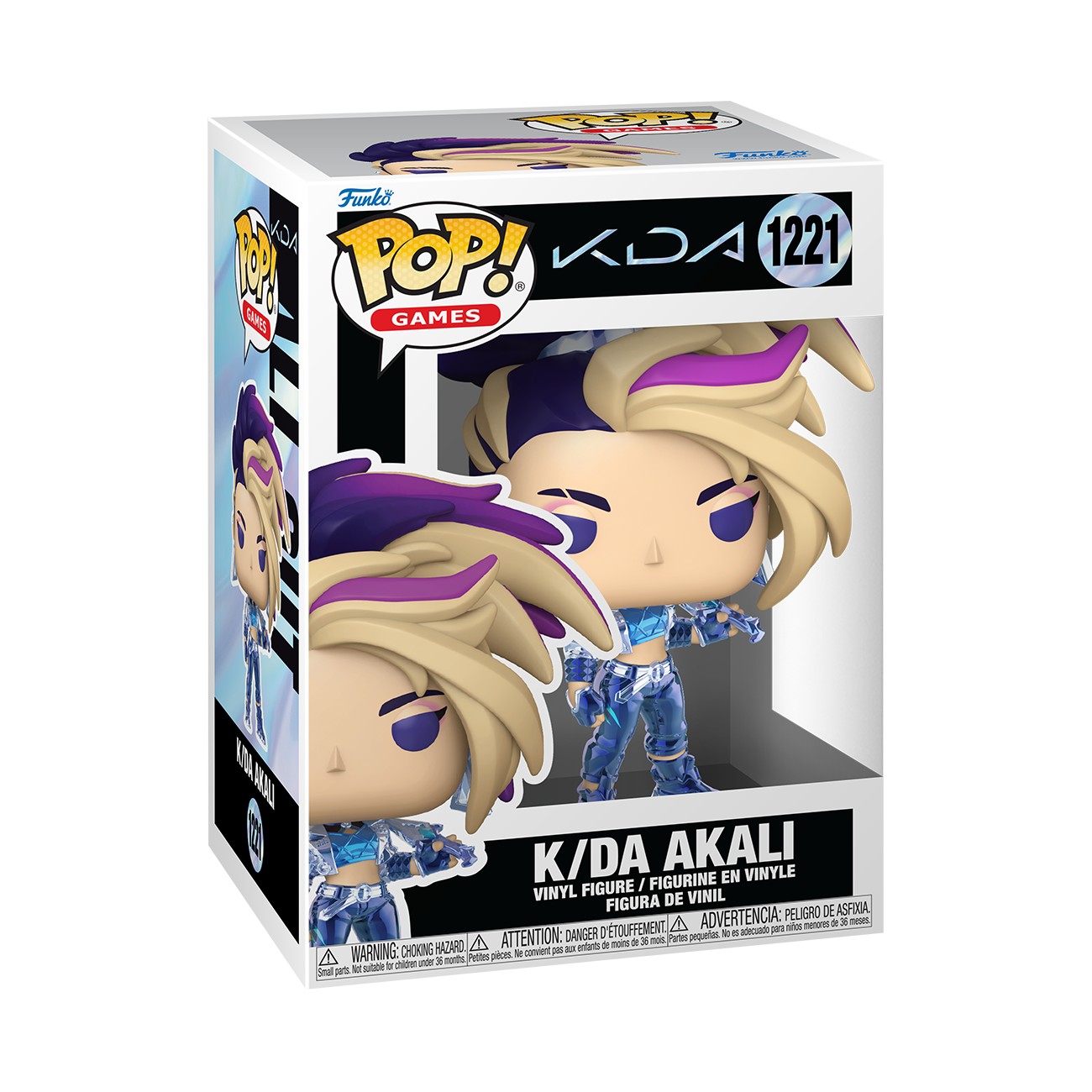 K/DA Akali Funko POP! figure features a stylized vinyl design with purple hair, a blue outfit, and a confident pose, displayed in a colorful branded box.