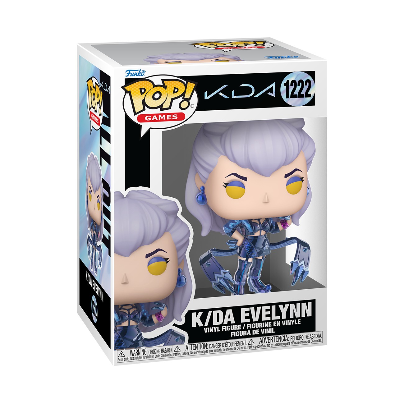 K/DA Evelynn Funko POP! figure features purple hair, blue outfit with metallic accents, and a confident pose, displayed in a branded box with vibrant graphics.