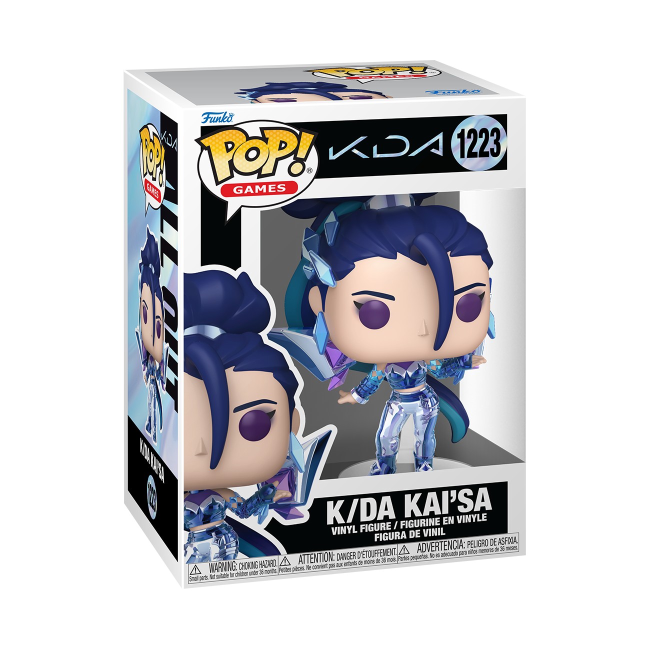 K/DA Kai'Sa Funko POP! vinyl figure features a character with blue hair, a stylish outfit, and intricate details, packaged in a colorful display box with the K/DA logo.