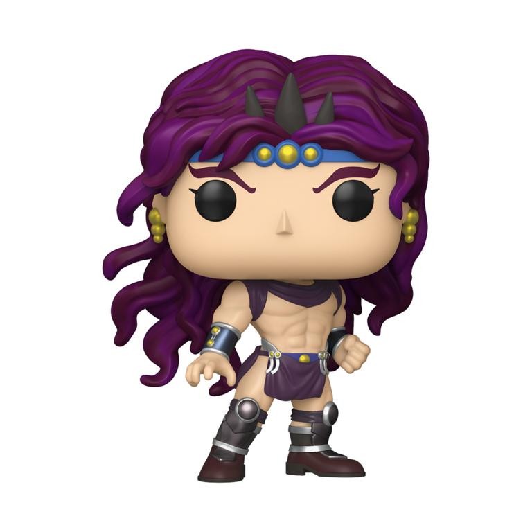 Kars from JoJo's Bizarre Adventure, a vinyl figure with long purple hair, a blue headband, golden earrings, and wearing a purple outfit with silver armor accents.