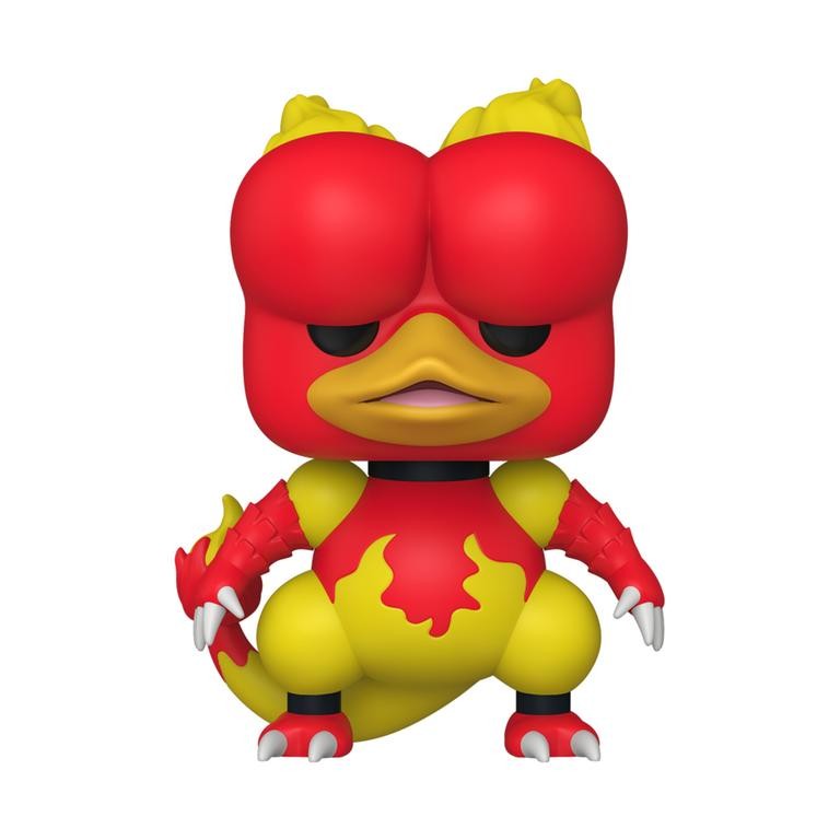 Vinyl figure of Magmar from Pokémon, featuring a bright red body, yellow flames on its chest and head, and large, expressive eyes with a beak-like mouth.