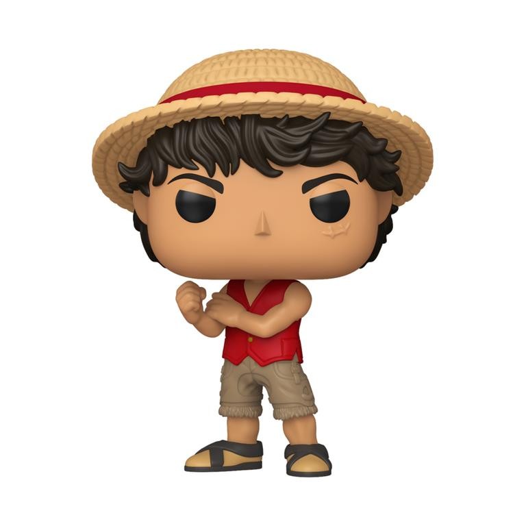 Monkey D. Luffy Funko POP! figure features a smiling character with black hair, wearing a red vest, tan shorts, and a straw hat, standing confidently with arms crossed.