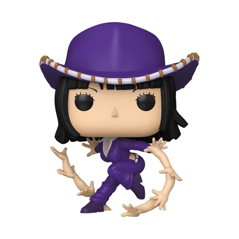 Nico Robin Funko POP figure features a purple hat, black hair, and a purple outfit, with multiple flower-like arms extending from her body.