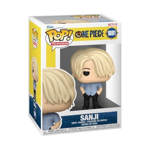 Sanji Funko POP! vinyl figure features a blonde-haired character in a light blue shirt and black pants, displayed in a colorful box with "One Piece" branding.