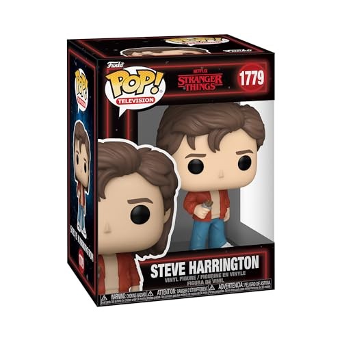 Vinyl figure of Steve Harrington from Stranger Things, featuring brown hair, a red jacket, and blue jeans, displayed in a clear box with a black and colorful design.