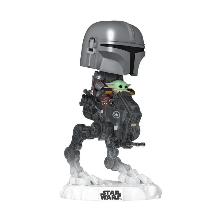 Vinyl figure of Grogu in a gray helmet riding an AT-RT walker, featuring intricate details, a black and gray color scheme, and a white base with the Star Wars logo.