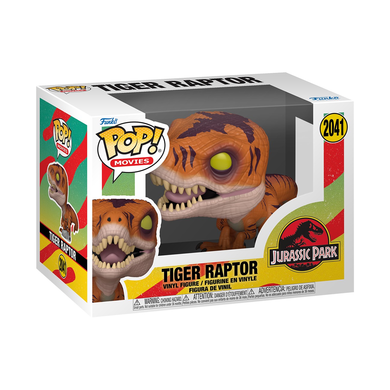 Tiger Raptor Funko POP! figure features a vibrant orange and brown color scheme, large eyes, and a cartoonish design, packaged in a clear display box with Jurassic Park branding.