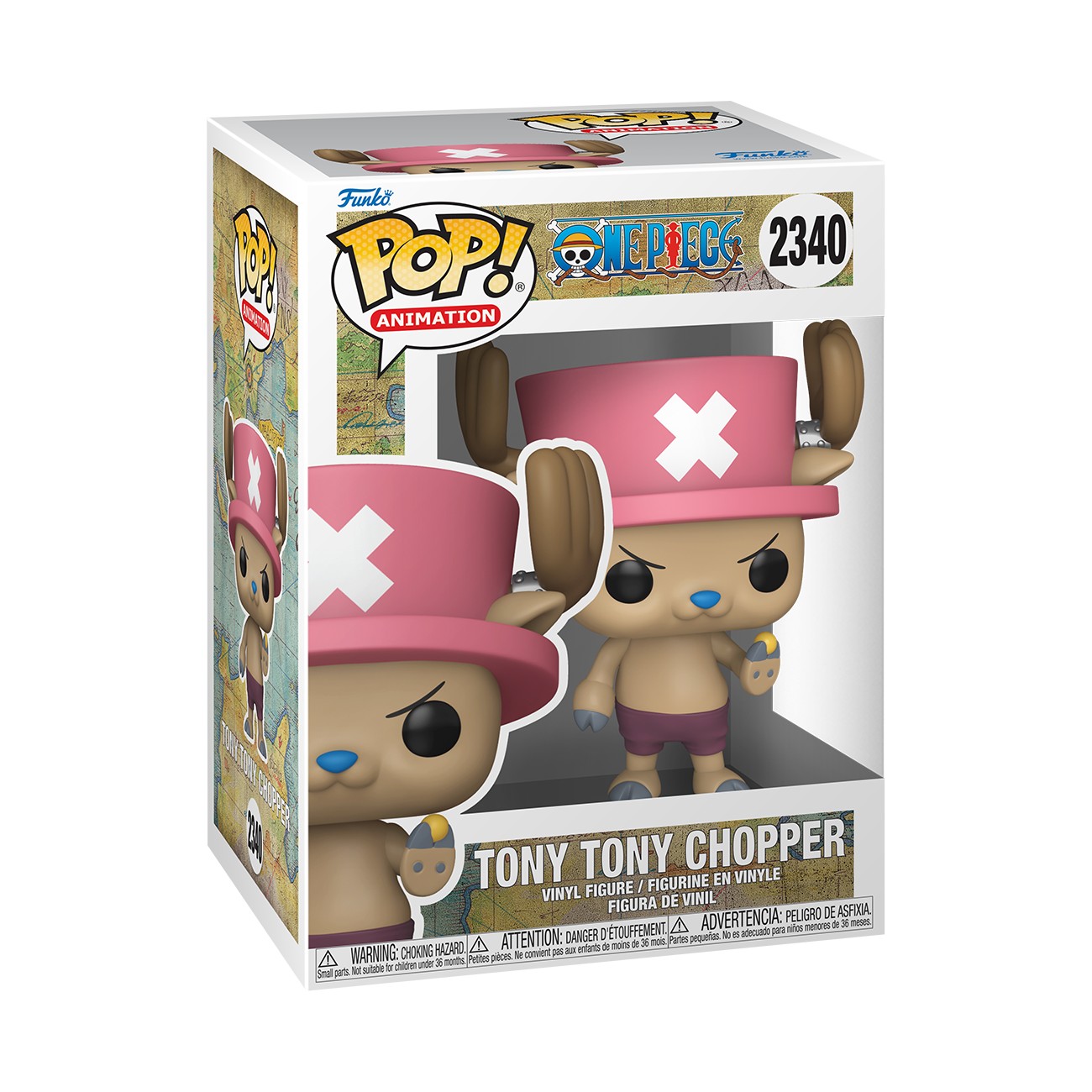 Tony Tony Chopper Funko POP! figure features a small bear-like character with a pink hat, blue shorts, and large ears, packaged in a colorful box with "One Piece" branding.