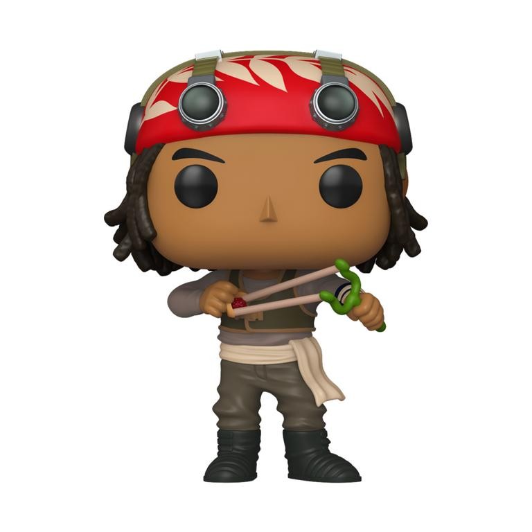 Usopp Funko POP! vinyl figure features a brown-skinned character with curly hair, wearing a red bandana, gray shirt, and green pants, holding a slingshot.
