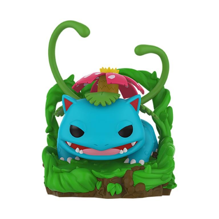 Vinyl figure of Venusaur from Pokémon, featuring a bright blue body, large red flower on its back, green vines, and a playful expression, set in a leafy base.