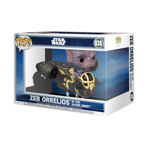 Zeb Orrelios, a purple-skinned character with large ears, is featured in a black and yellow Razor Crest ship, enclosed in a clear display box with Star Wars branding.