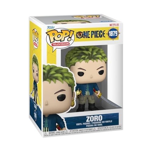 Roronoa Zoro Funko POP! figure features green spiky hair, a sword in hand, wearing a black and green outfit, packaged in a colorful box with "POP! One Piece" branding.