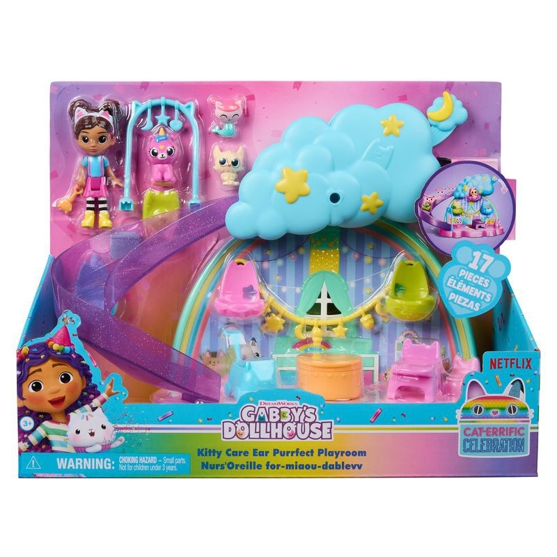 Colorful playset featuring a rainbow, cloud, and various kitty characters, with 175 pieces including a doll, furniture, and accessories, designed for imaginative play.