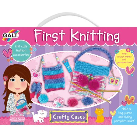 Colorful packaging for the "Galt First Knitting Craft Set" featuring a girl illustration, knitting tools, yarn, pom-poms, and instructions to create accessories like bags and scarves.