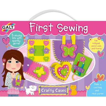 Colorful sewing craft set featuring five kits with sparkly gems, including a pencil case, frame, and heart-shaped designs, aimed at young children.