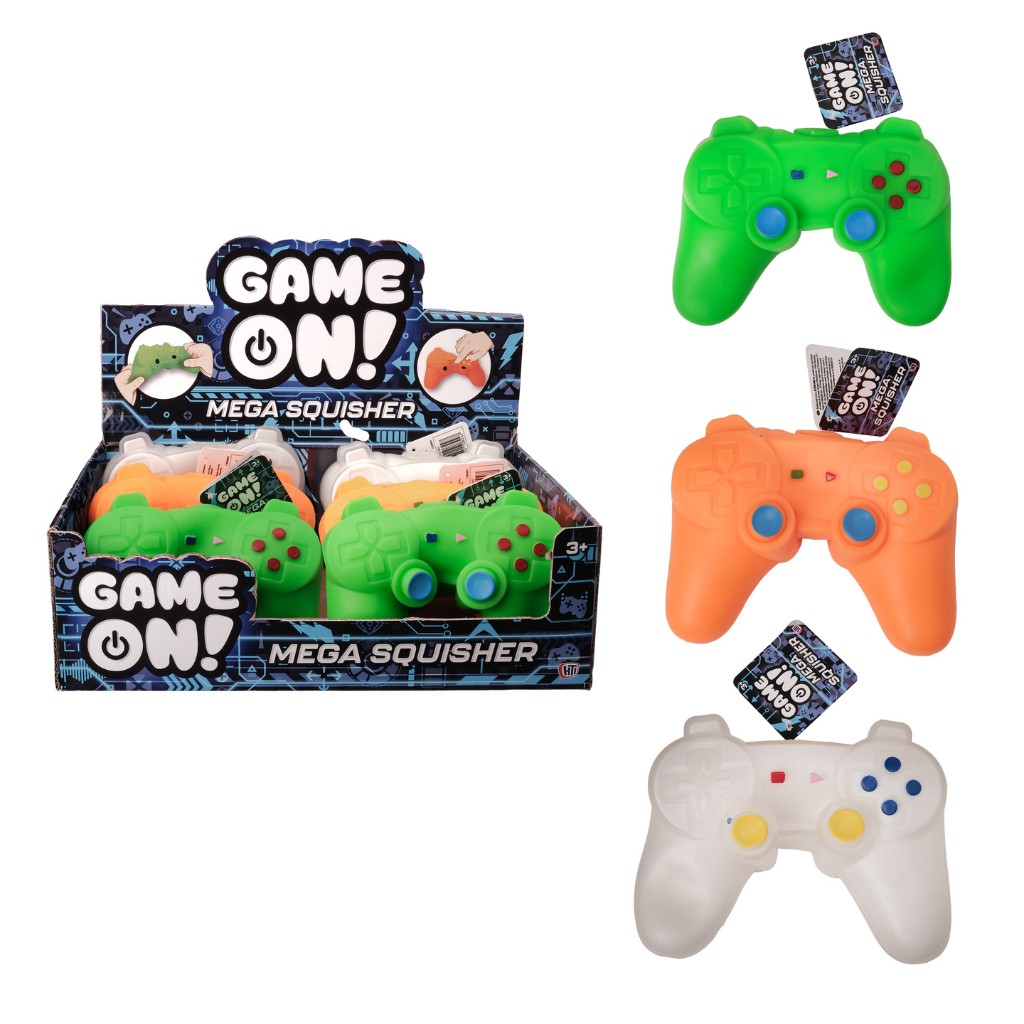 Colorful squishy game controllers in green, orange, and white, displayed in a box labeled "Game On! Mega Squishy," ideal for stress relief and fun play.