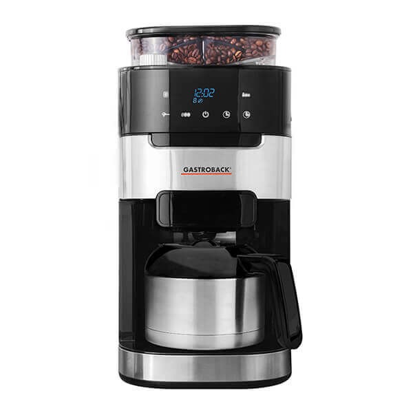 Silver Gastroback Grind & Brew Pro Thermo coffee machine featuring a digital display, built-in grinder, and a stainless steel thermal carafe for optimal coffee brewing.