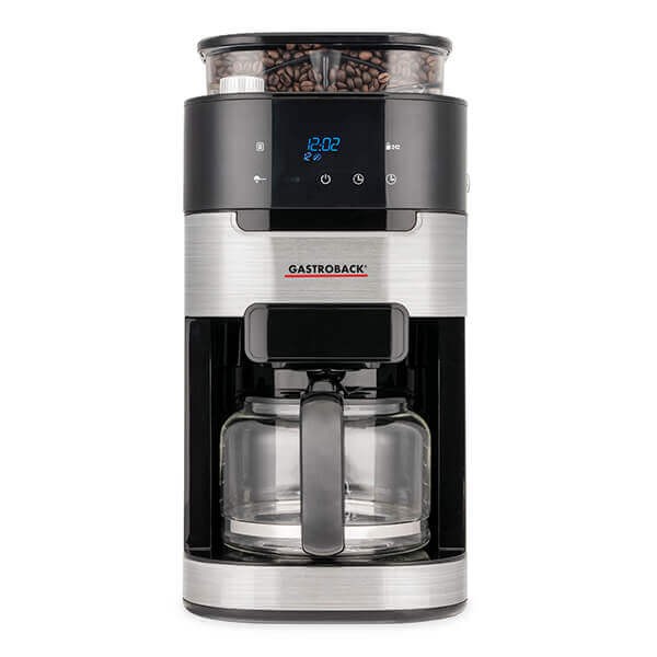 Silver Gastroback Coffee Machine Grind & Brew Pro featuring a digital display, a transparent bean hopper on top, and a glass carafe with a black handle.