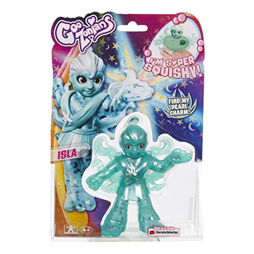GooZonians Hero Pack features a translucent teal figure named Isla, with multiple arms and a playful design, packaged with a colorful backing showcasing the character's charm.