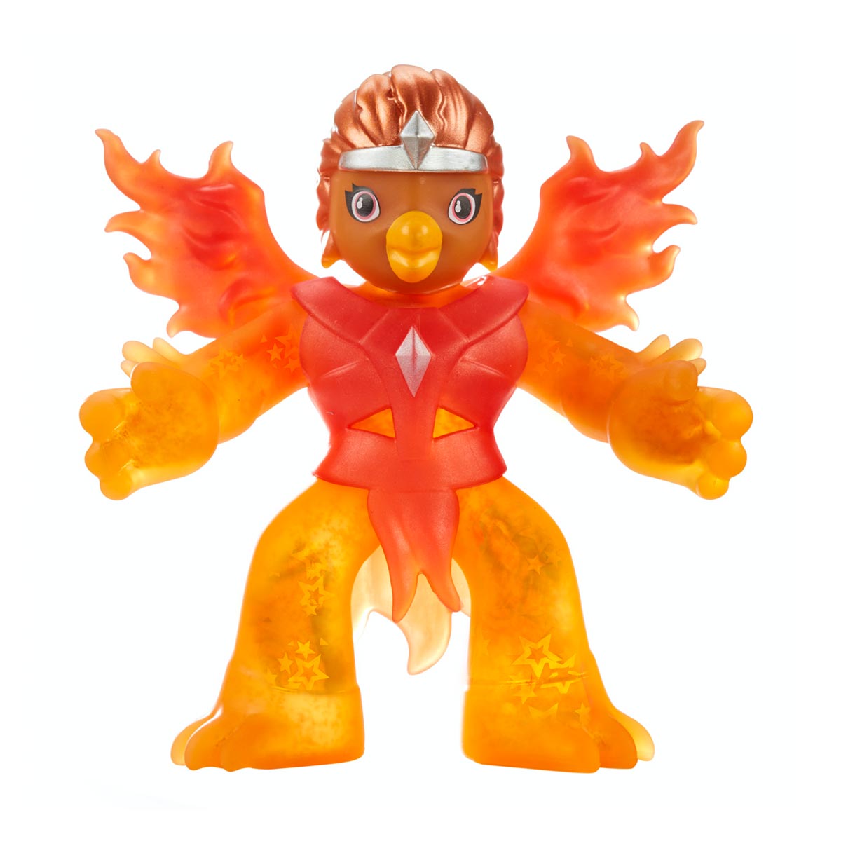 GooZonians Hero Pack features Queen Ember, a vibrant orange figure with fiery wings, a crown, and a diamond emblem on her chest, made of translucent plastic with star patterns.