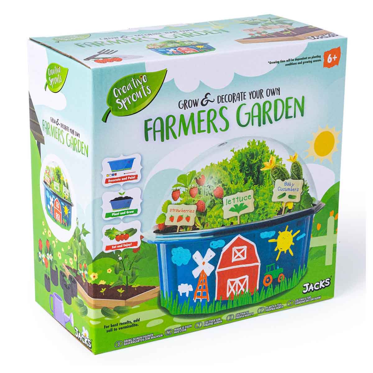 Colorful box featuring a blue planter with illustrations of vegetables, garden markers, and a sunny landscape, labeled "Grow and Decorate Your Own Farmers Garden" by Jack's Toys And Games.
