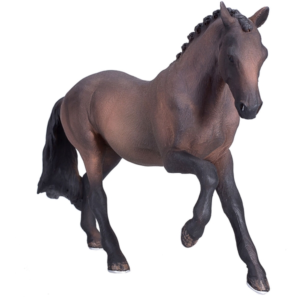Realistic Hanoverian bay horse figurine by MojoFun, featuring a detailed brown body, black mane and tail, and a dynamic pose showcasing its muscular build.