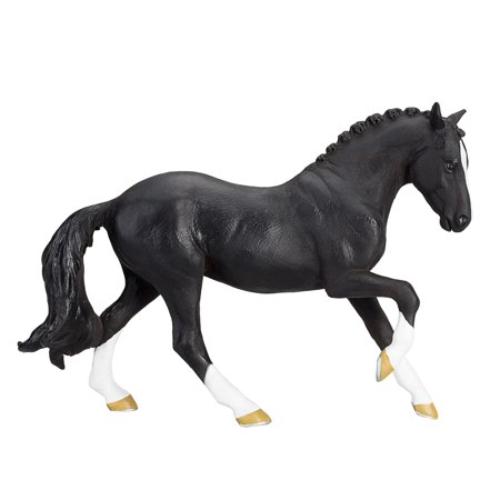 Black Hanoverian horse model with a glossy finish, featuring a braided mane, white stockings on its legs, and gold hooves, made from durable plastic.