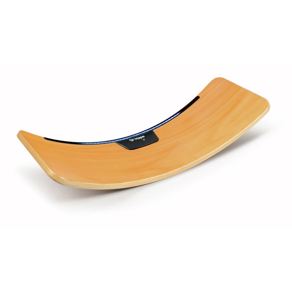 Curved wooden balance board with a smooth, natural wood finish, featuring a black grip surface in the center for stability and safety during play.