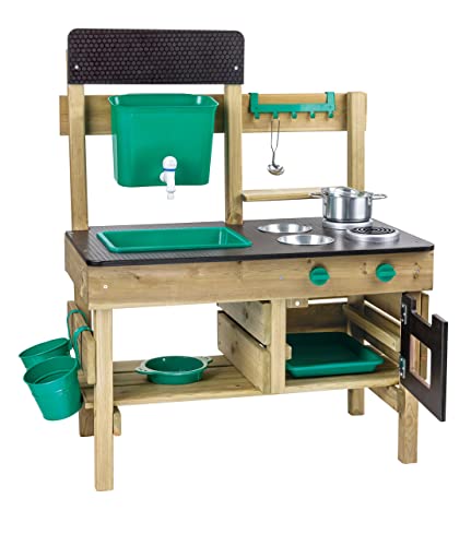 Multicolored outdoor kitchen set made of wood, featuring a stainless steel sink, two cooking pots, a stovetop, and storage compartments with green and brown accents.