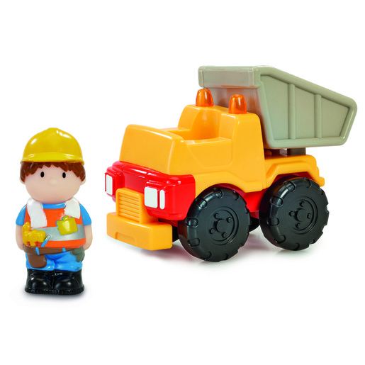 Brightly colored plastic dump truck in yellow and red with a grey dump bed, accompanied by a construction worker figurine wearing a hard hat and blue overalls.