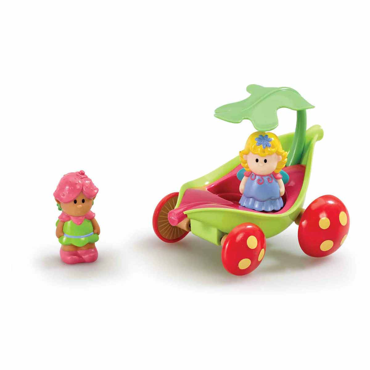 Colorful plastic fairy chariot in bright green and red, featuring a flower-shaped canopy, with two small fairy figures: one with pink hair and green outfit, and another with blonde hair and blue dress.