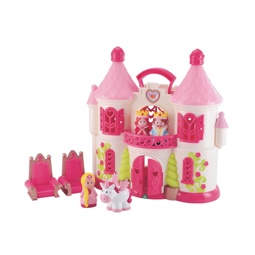 A colorful pink and white palace playset featuring two towers, a balcony, two princess figures, a unicorn, and two royal chairs, made from durable plastic.