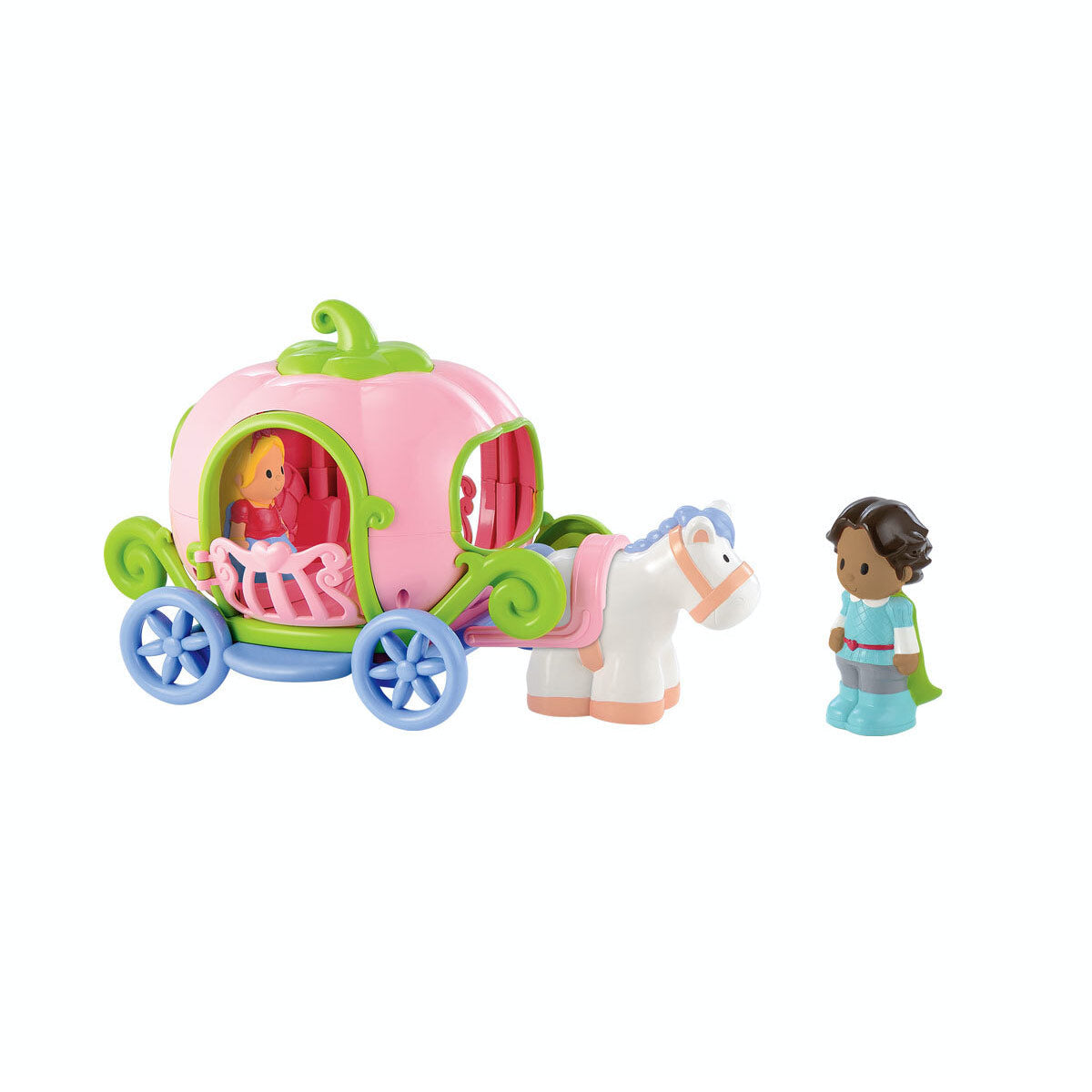 A pink and green pumpkin-shaped carriage with white wheels, accompanied by a white horse and two figurines, one in a cape and one with long hair.